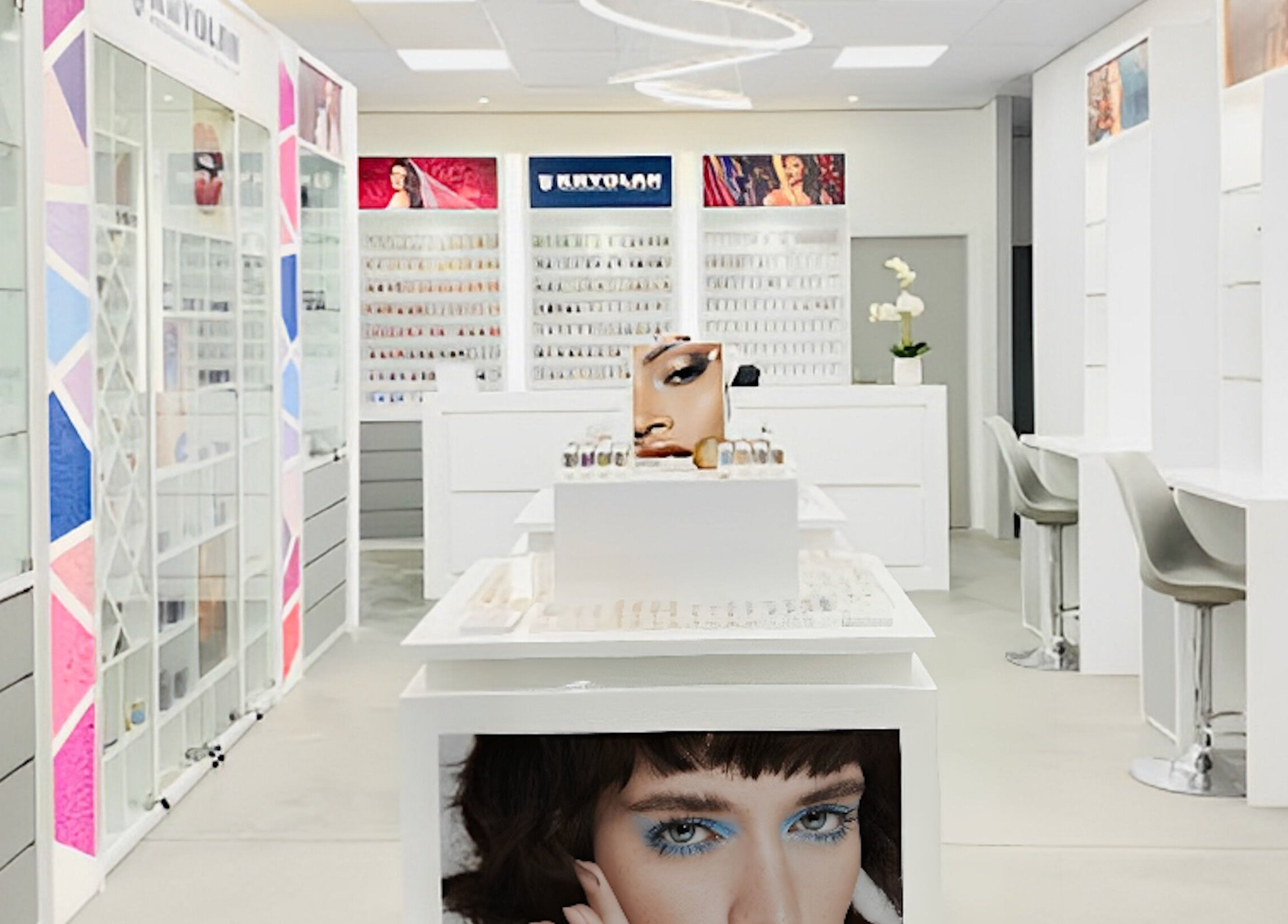Bright, modern interior of Kryolan Silver Lakes in Shere, Gauteng, ZA, showcasing makeup displays and seating.