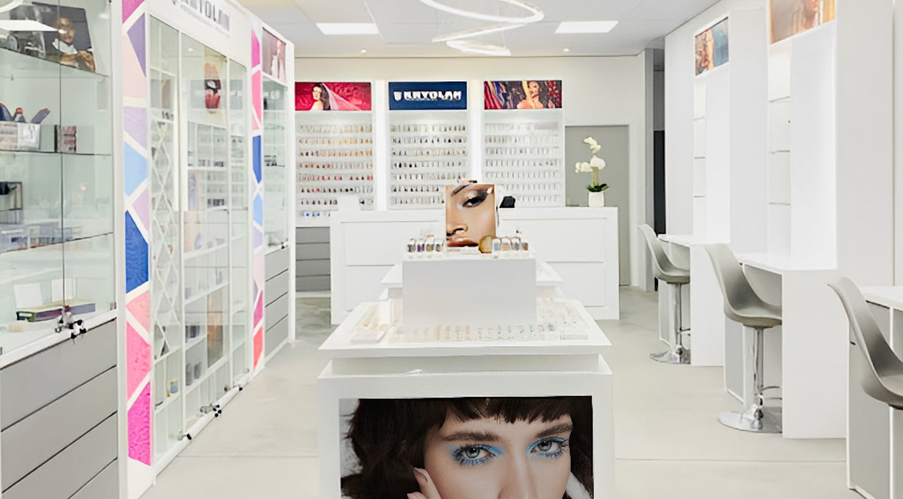 Bright, modern interior of Kryolan Silver Lakes in Shere, Gauteng, ZA, showcasing makeup displays and seating.