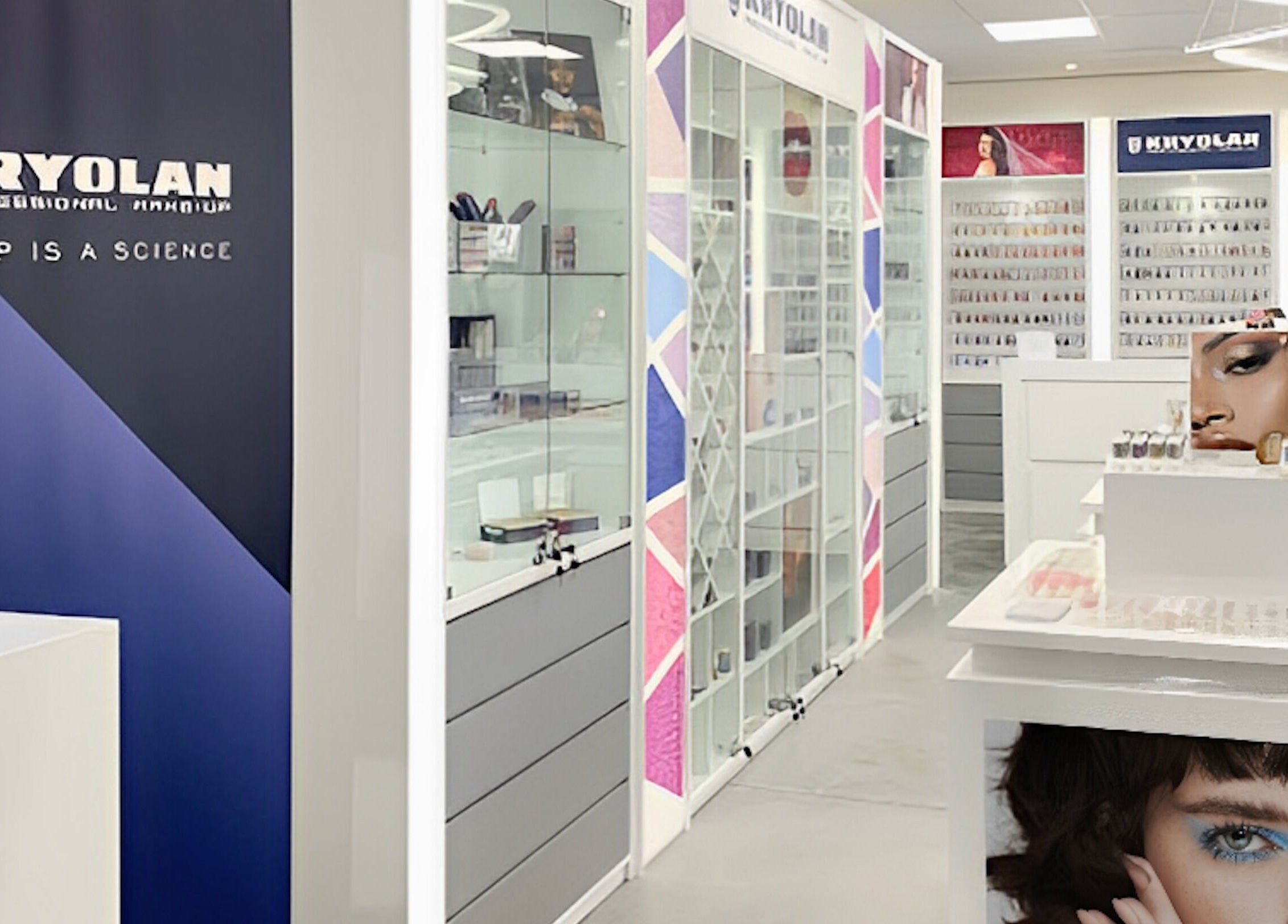 Modern Kryolan Silver Lakes makeup store in Shere, Gauteng, ZA showcases diverse beauty products on sleek displays.
