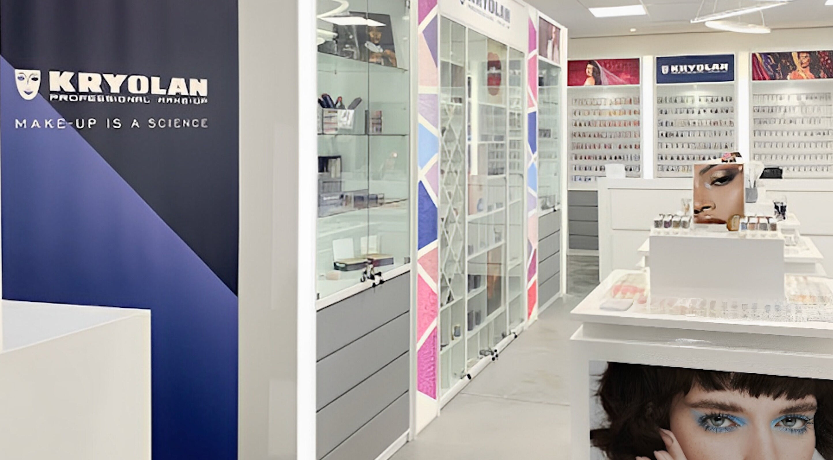 Modern Kryolan Silver Lakes makeup store in Shere, Gauteng, ZA showcases diverse beauty products on sleek displays.