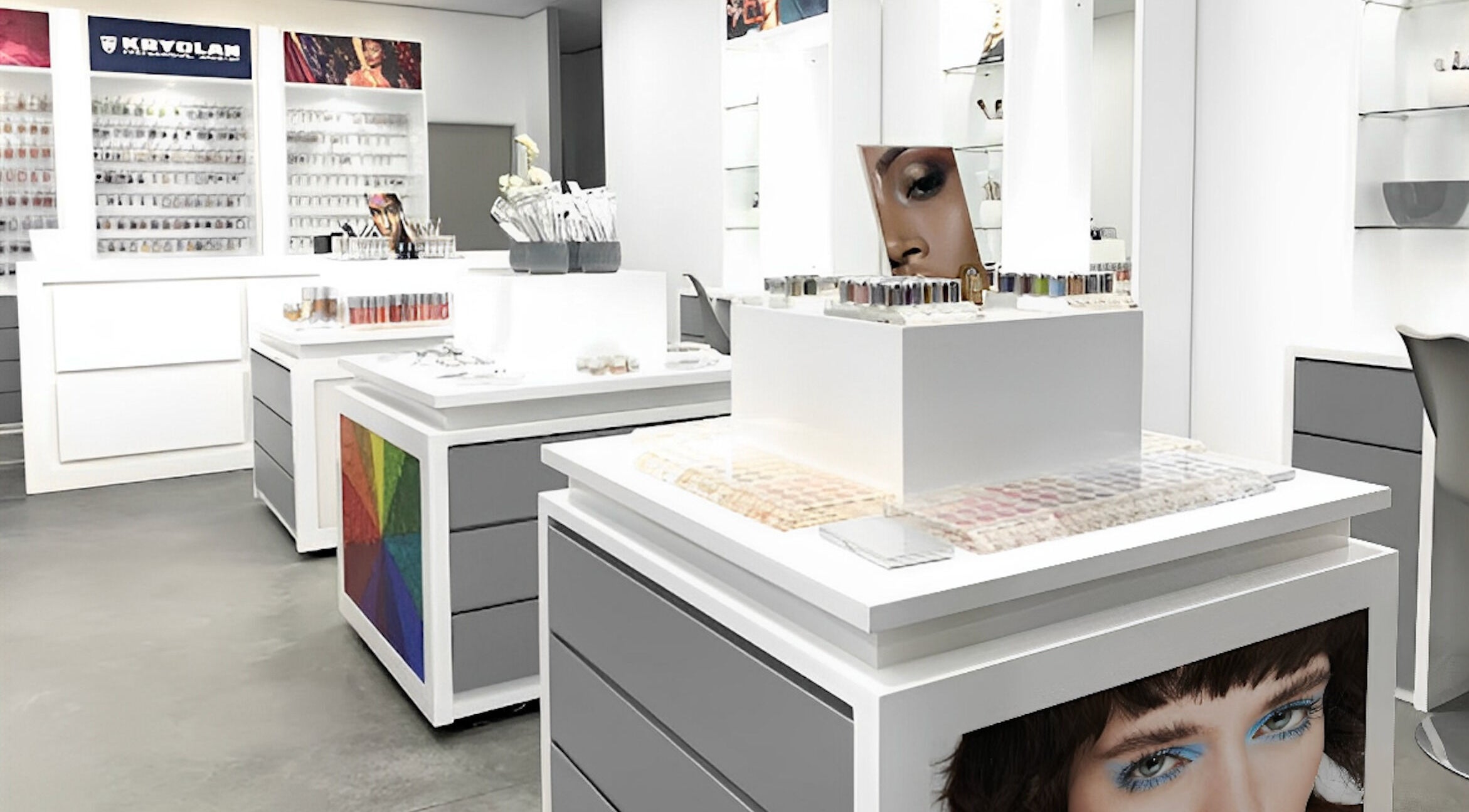 Modern interior of Kryolan Silver Lakes in Shere, Gauteng, ZA showcasing sleek white displays and cosmetics.