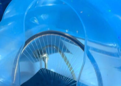 Futuristic dome at Mind & Mane Head Spa, Watford, England, GB, reflecting serene blue hues.