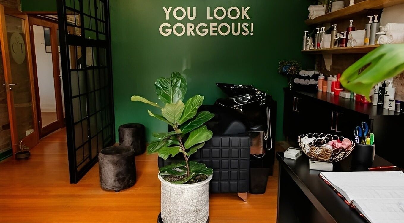 Stylish salon interior at Hair By Caryn Timms in Pietermaritzburg, Kwazulu-natal, ZA featuring green décor.
