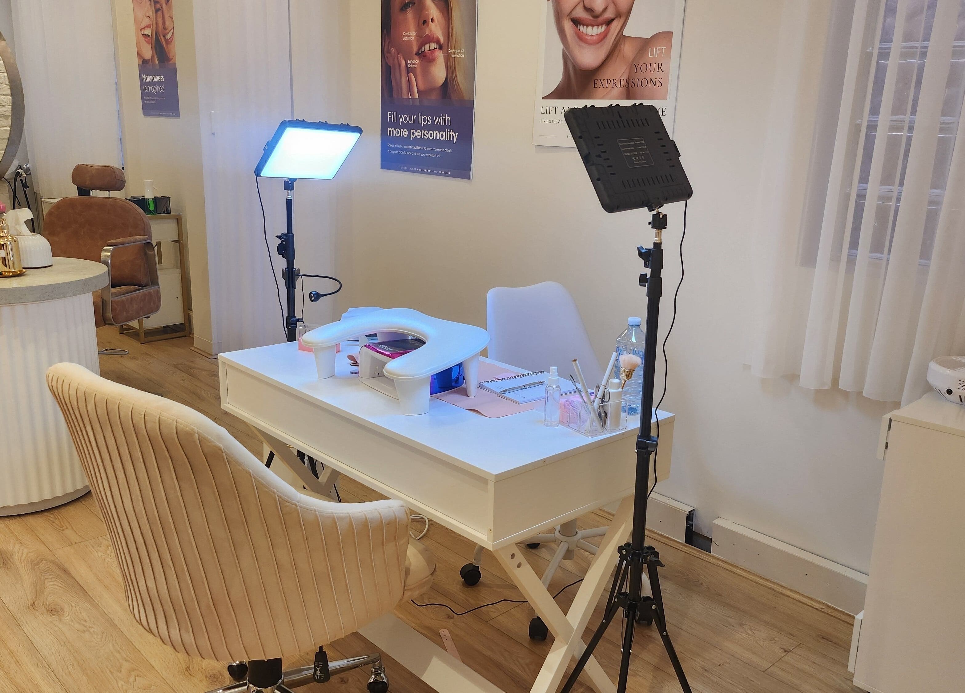 Modern manicure station at Nail Strike, Lane Cove, New South Wales, AU, featuring ambient lighting and plush seating.