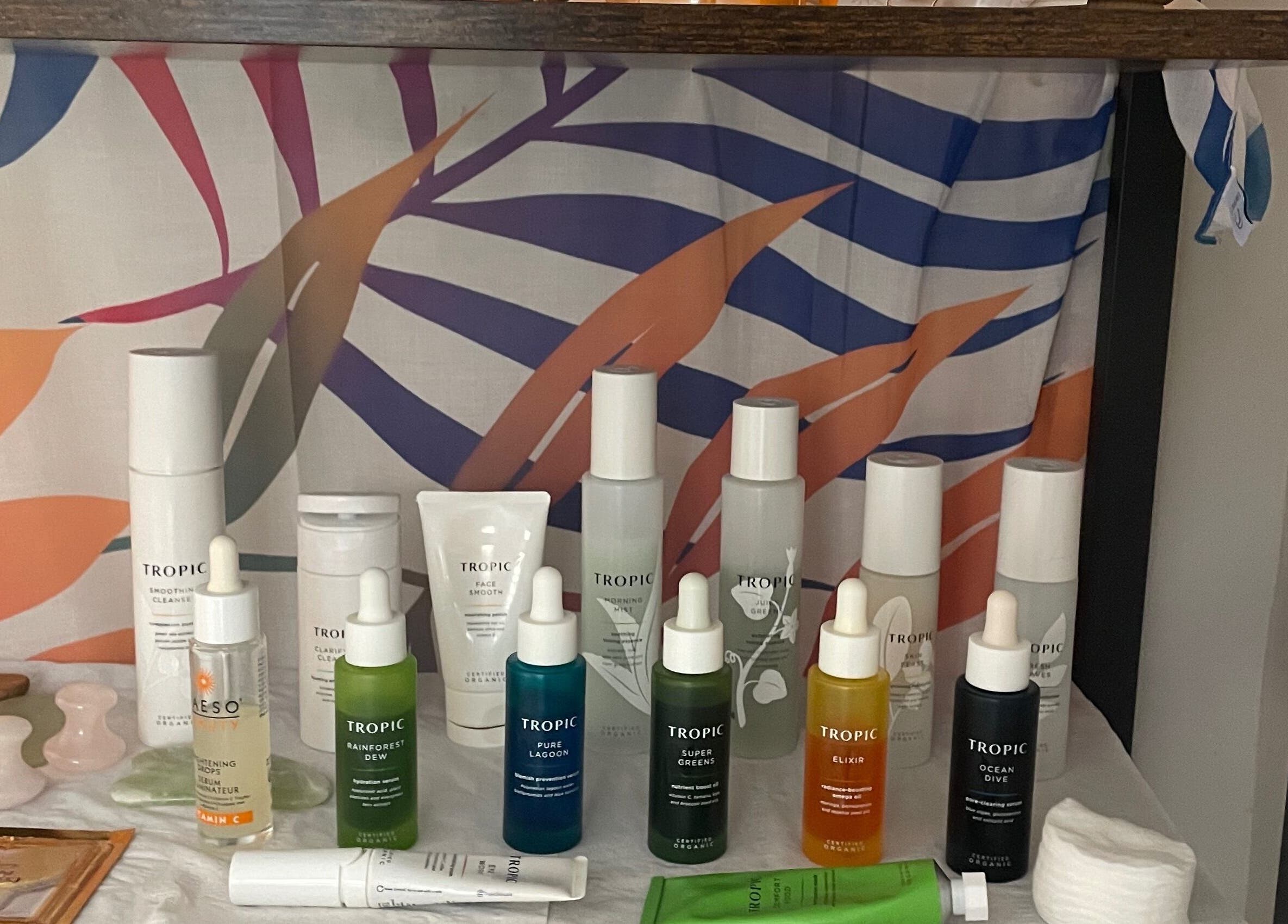 Tropic skincare products on display shelf at Lillie Rose Beauty, Worthing, England, GB.