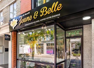 Exterior of JEUNE ET BELLE BEAUTY SALON in Montréal, Québec, CA with modern signage and inviting entrance.