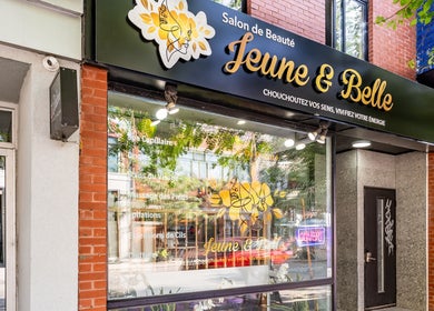 Exterior of JEUNE ET BELLE BEAUTY SALON in Montréal, Québec, CA. Modern design with inviting signage.