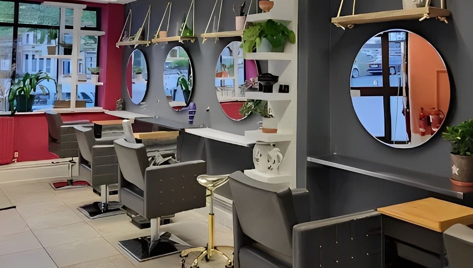 Modern salon chairs and mirrors at Tamed and Wild Fishponds, Bristol, England, GB.