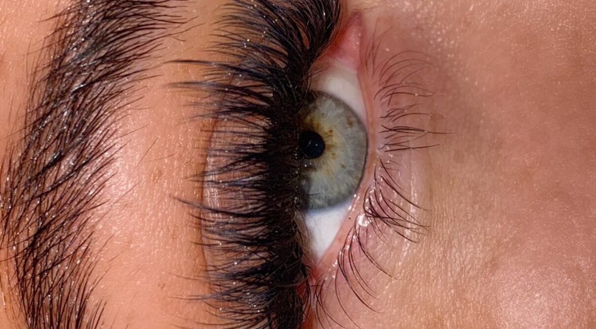 Close-up of eyelash extensions at Megan James Beauty, Audenshaw, England, GB, showcasing detailed lash work.