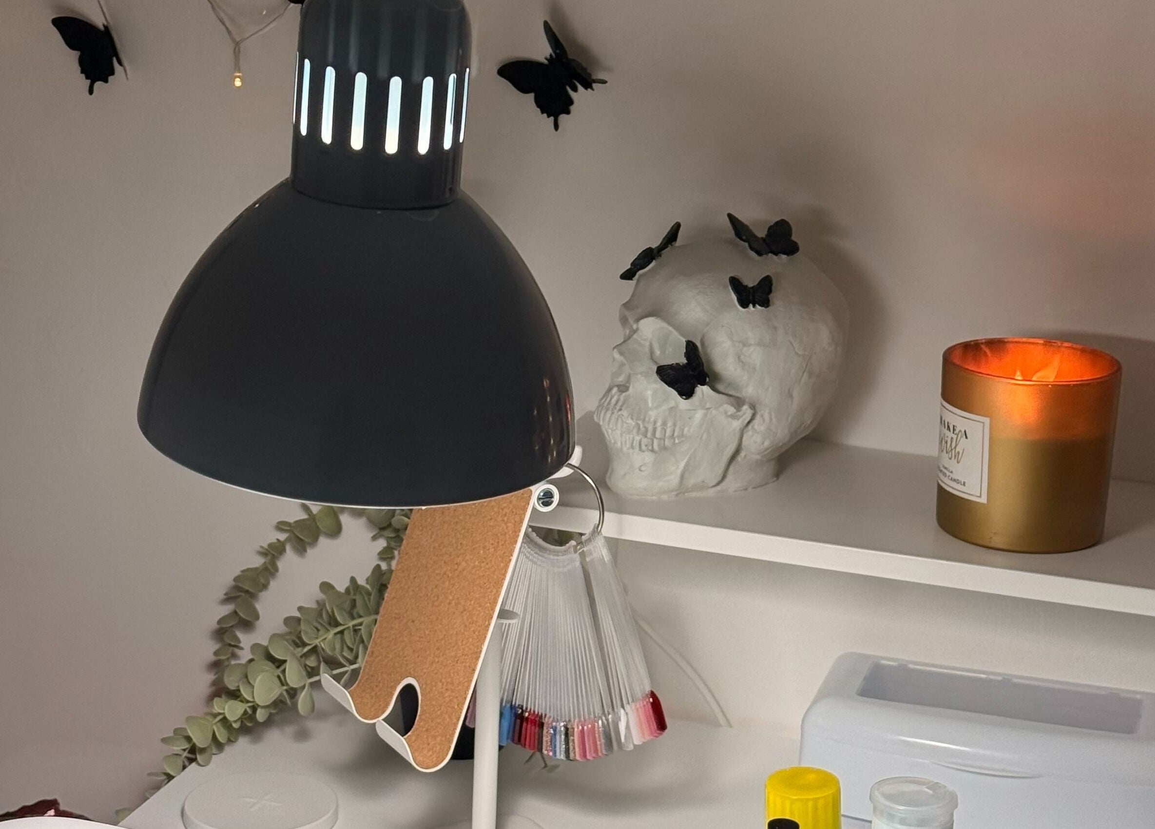 Rustic workspace at Eclipsia_Nails, Chadderton, England, GB with decor and beauty supplies.