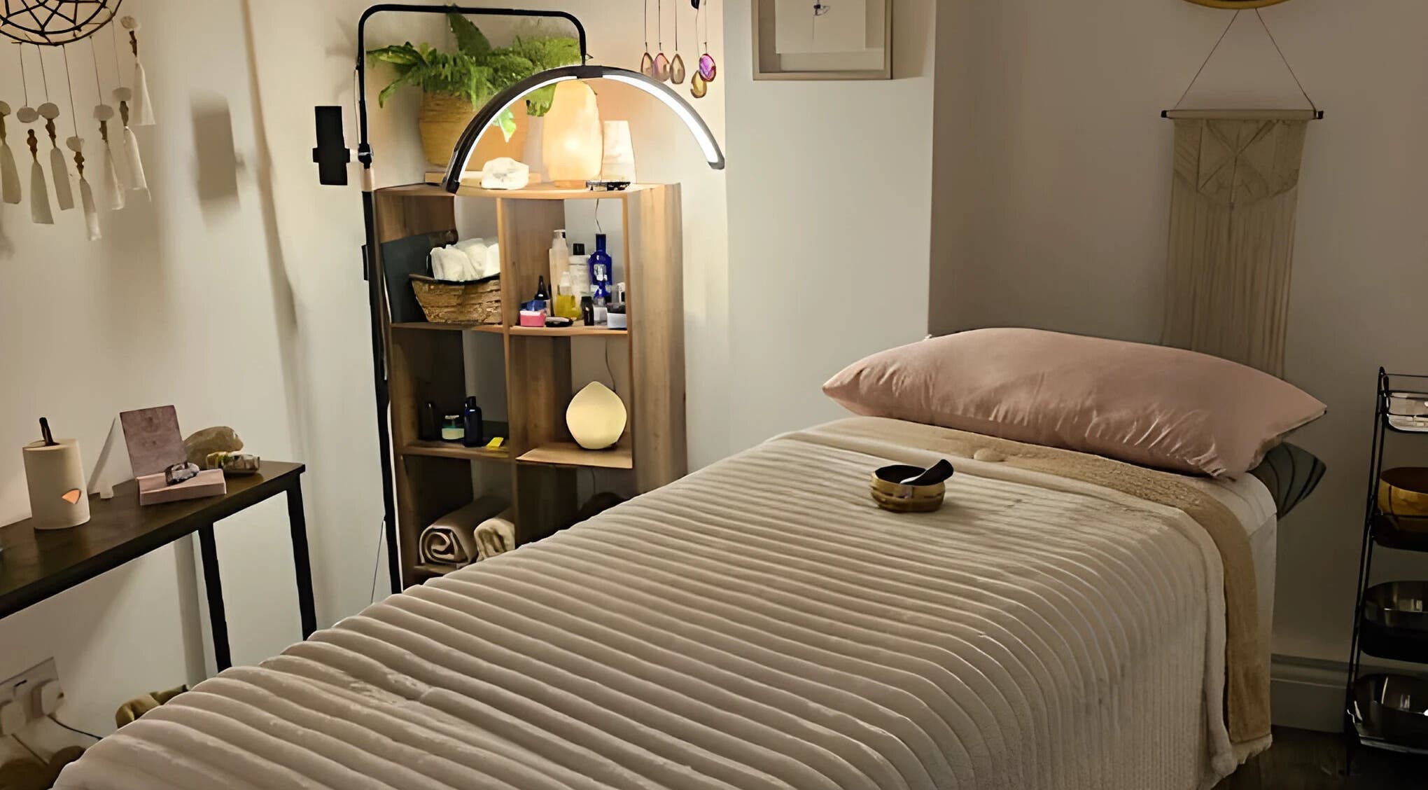 Relaxing massage room at Healing Hands Studio, Southampton, GB, offers a tranquil environment for wellness treatments.