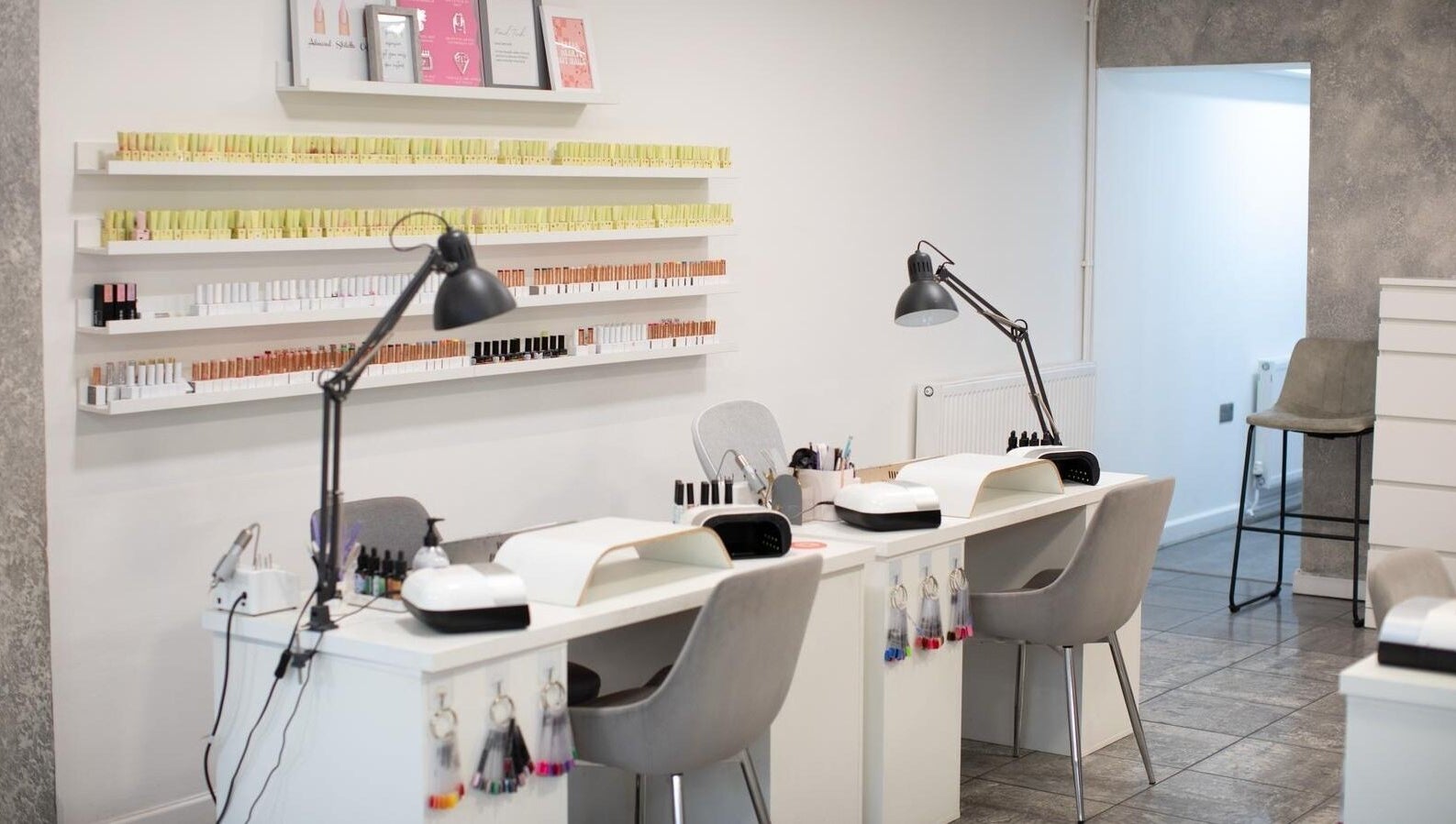 Elegant nail station at The House of Glam in Newton-le-Willows, England, GB, showcasing a modern aesthetic.