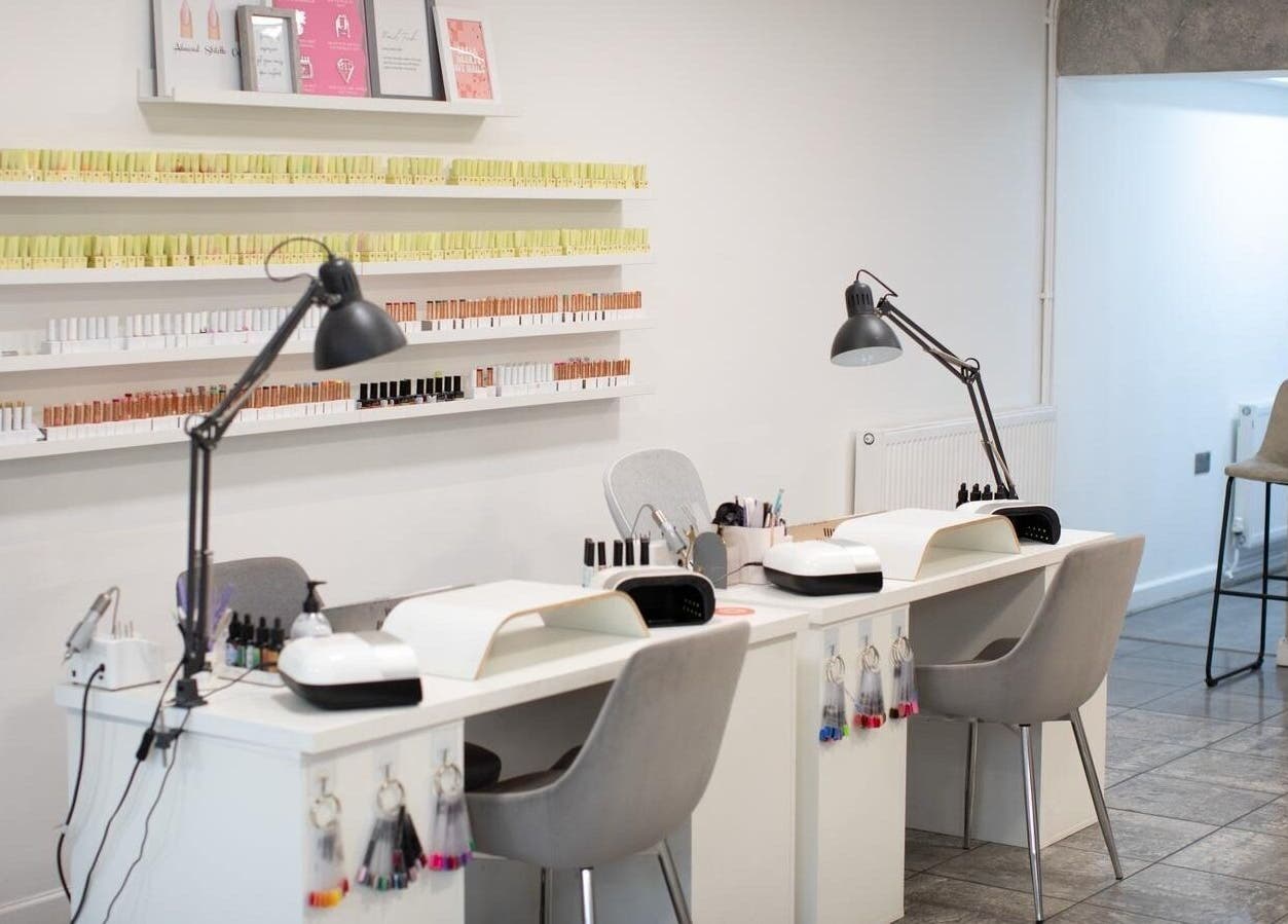 Elegant nail station at The House of Glam in Newton-le-Willows, England, GB, showcasing a modern aesthetic.