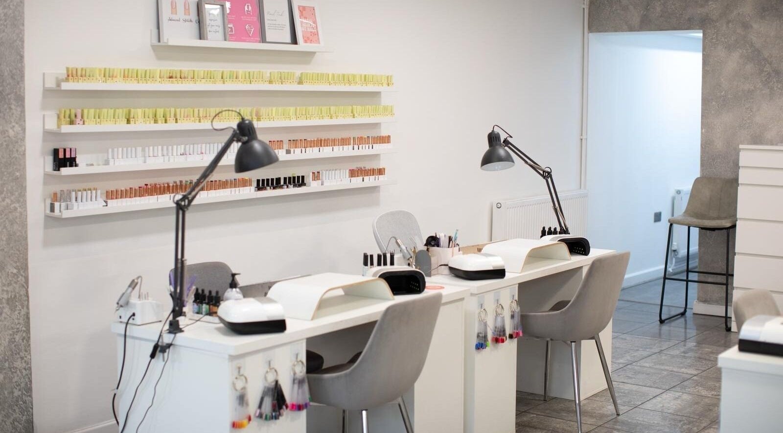 Elegant nail station at The House of Glam in Newton-le-Willows, England, GB, showcasing a modern aesthetic.