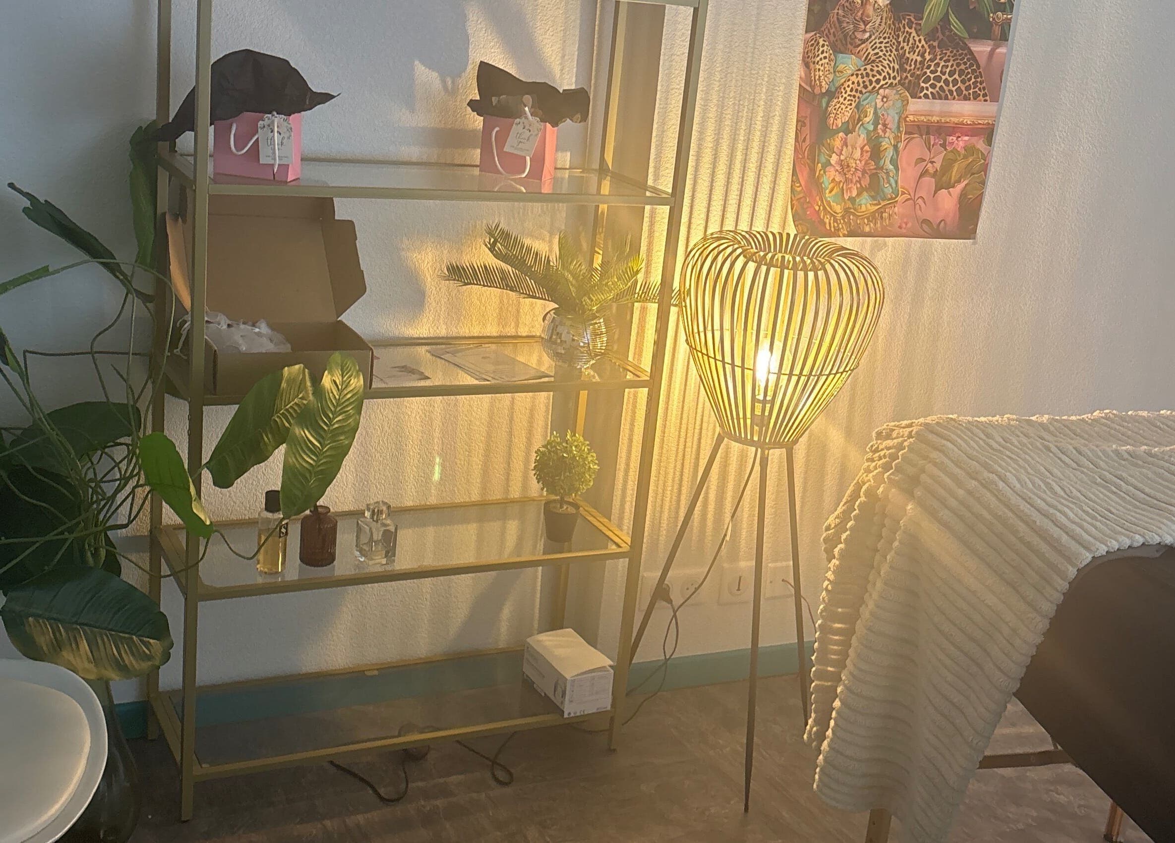 Intérieur apaisant de Bloomycils à Mende, Occitanie, FR, avec plante et éclairage design.