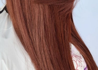 Smooth chestnut hair styled at B Fierce Salon Barbados, Deanes, Saint James, BB, showcasing sleek salon finish.