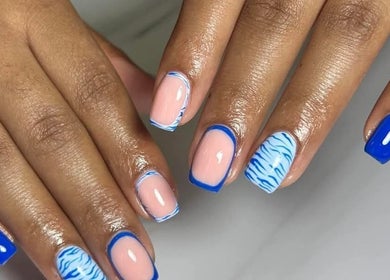 Stylish blue and nude nail art design at Leetalia nails & beauty, Randburg, Gauteng, ZA.