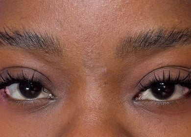Close-up of styled lashes at Lashed By Xio, London, England, GB showcasing beautiful eyelash artistry.