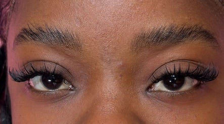 Close-up of styled lashes at Lashed By Xio, London, England, GB showcasing beautiful eyelash artistry.