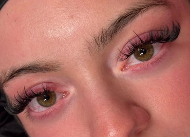 Close-up of expertly applied eyelash extensions at Lashed By Xio in London, England, GB.
