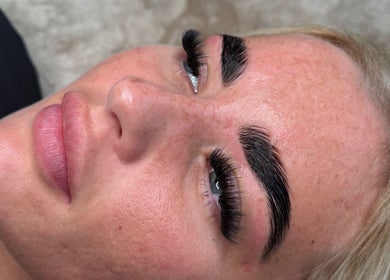 Close-up of perfectly styled eyelashes and brows at By Libby Murphy, Liverpool, England, GB.