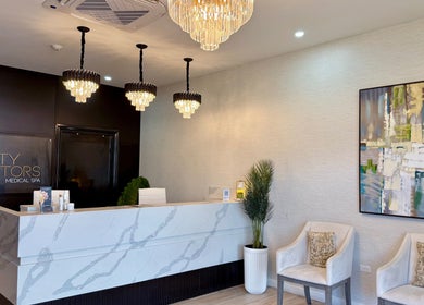 Reception area of Beauty By Doctors Medical Spa, Montego Bay, St. James Parish, JM, featuring modern decor.