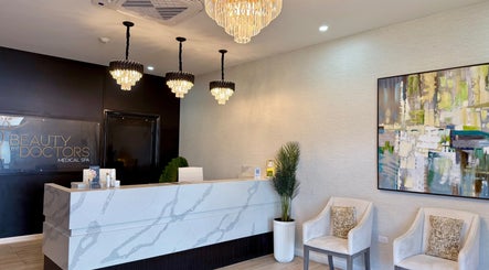 Reception area of Beauty By Doctors Medical Spa, Montego Bay, St. James Parish, JM, featuring modern decor.