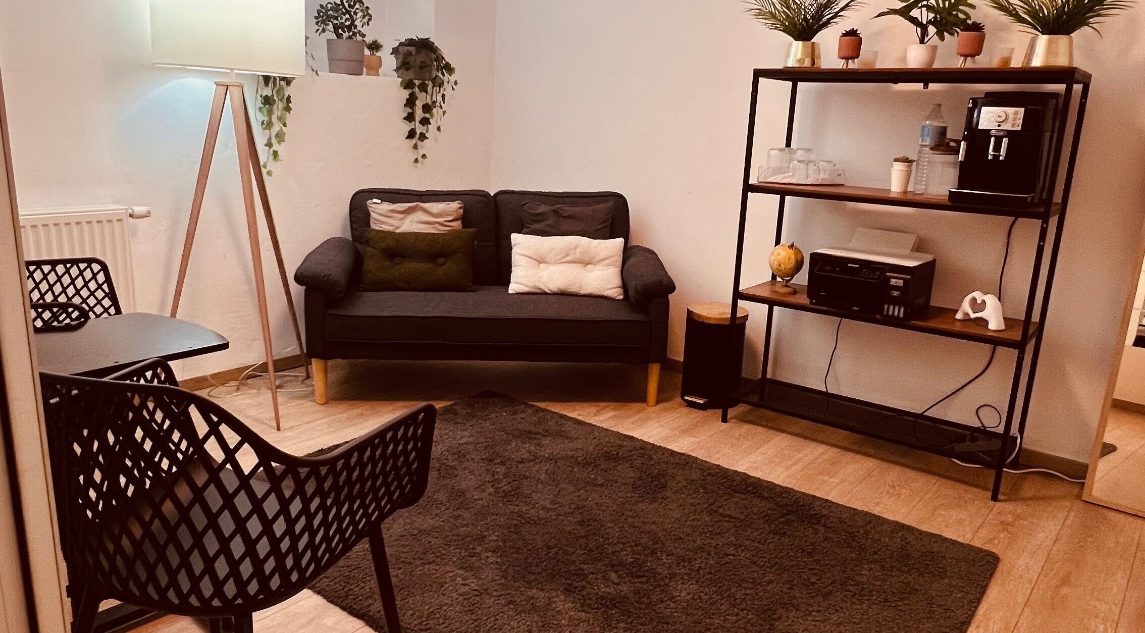 Intérieur moderne de Concept Dell Oliveira à Bruxelles, Bruxelles, BE, avec canapé et étagère décorative.