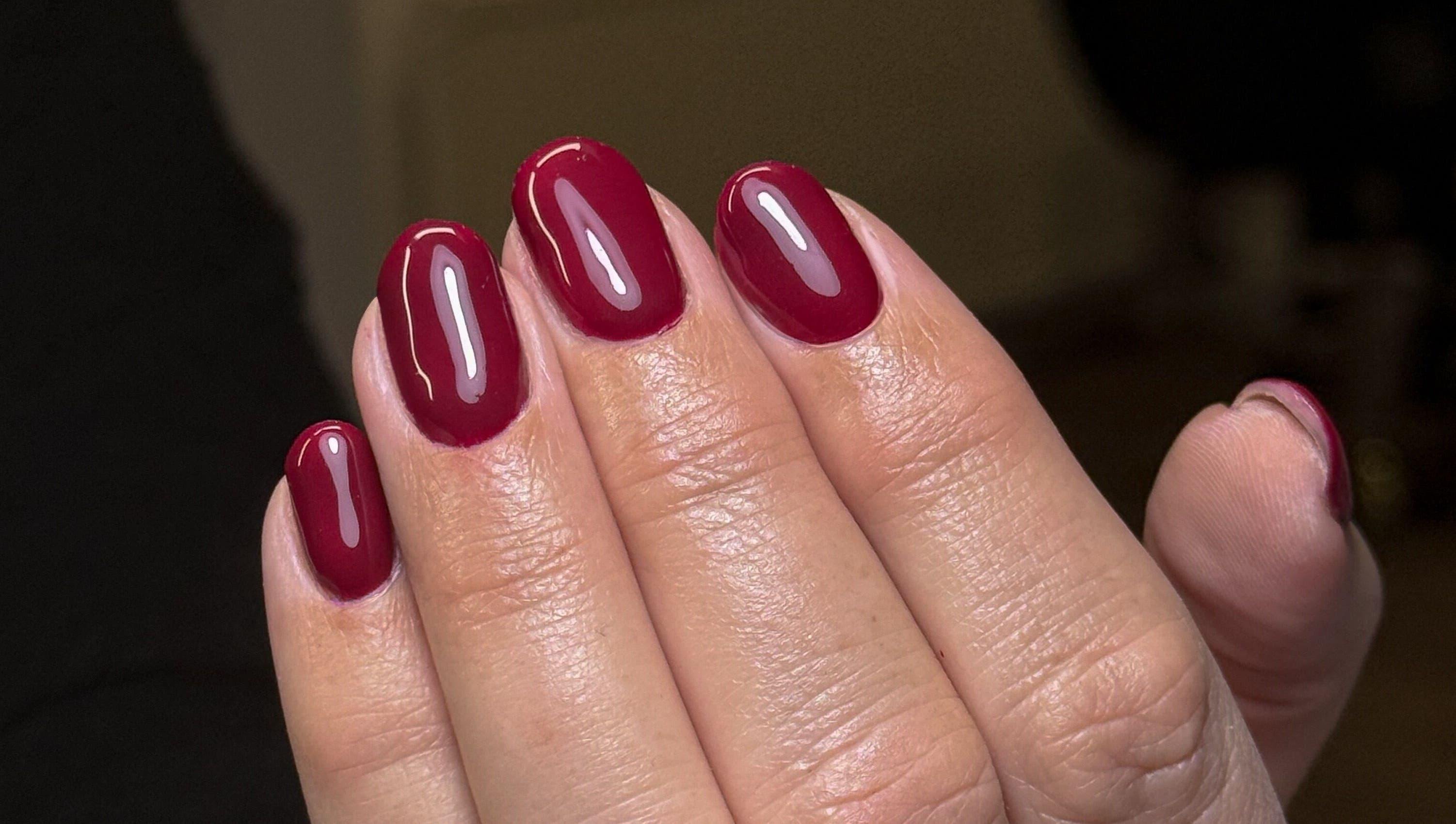 Beautiful crimson red manicured nails from Nailedbygeorgina, located in Queensbury, England, GB.
