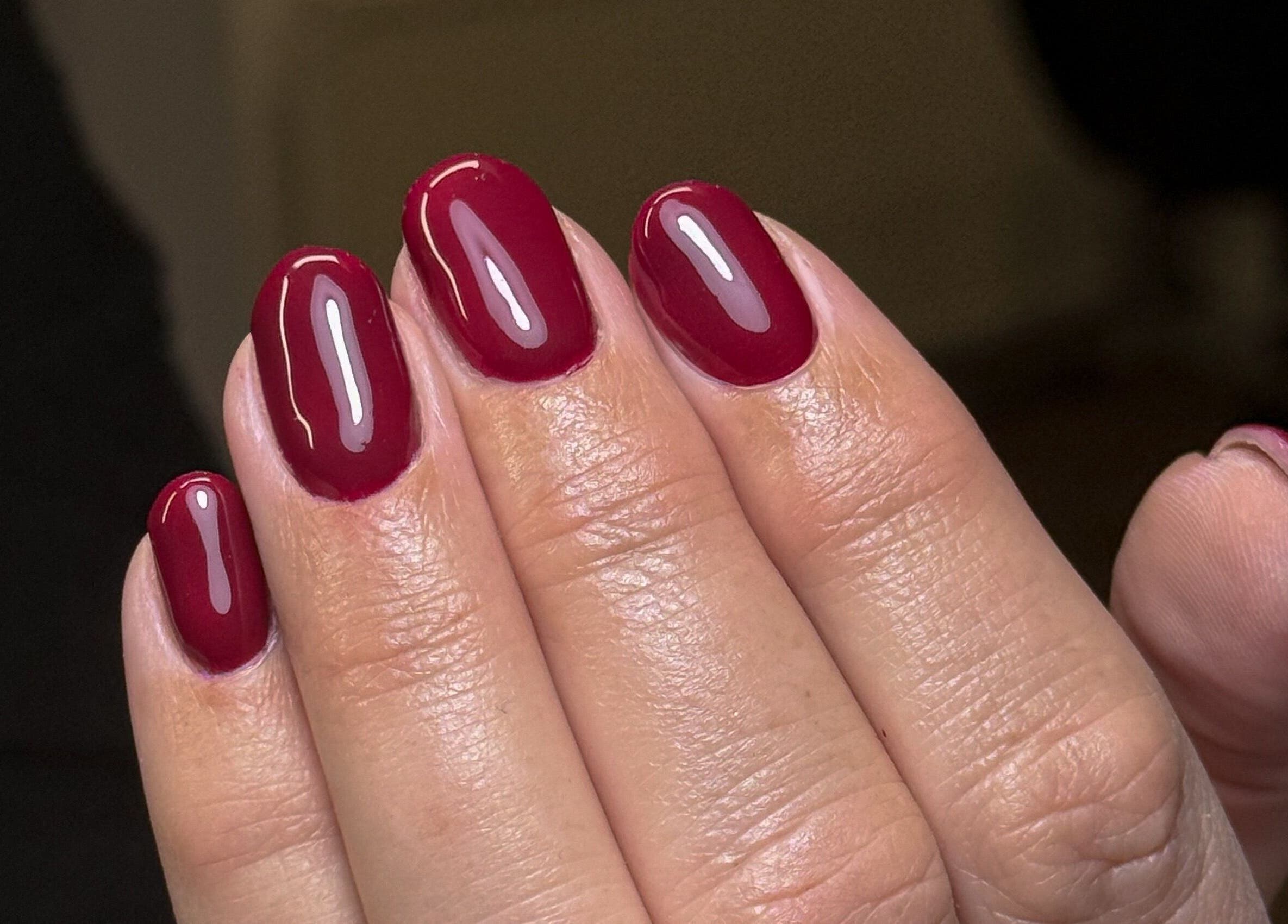 Beautiful crimson red manicured nails from Nailedbygeorgina, located in Queensbury, England, GB.