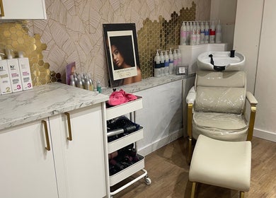 Stylishly organized haircare station at Beauty With Raye in Bristol, England, GB.