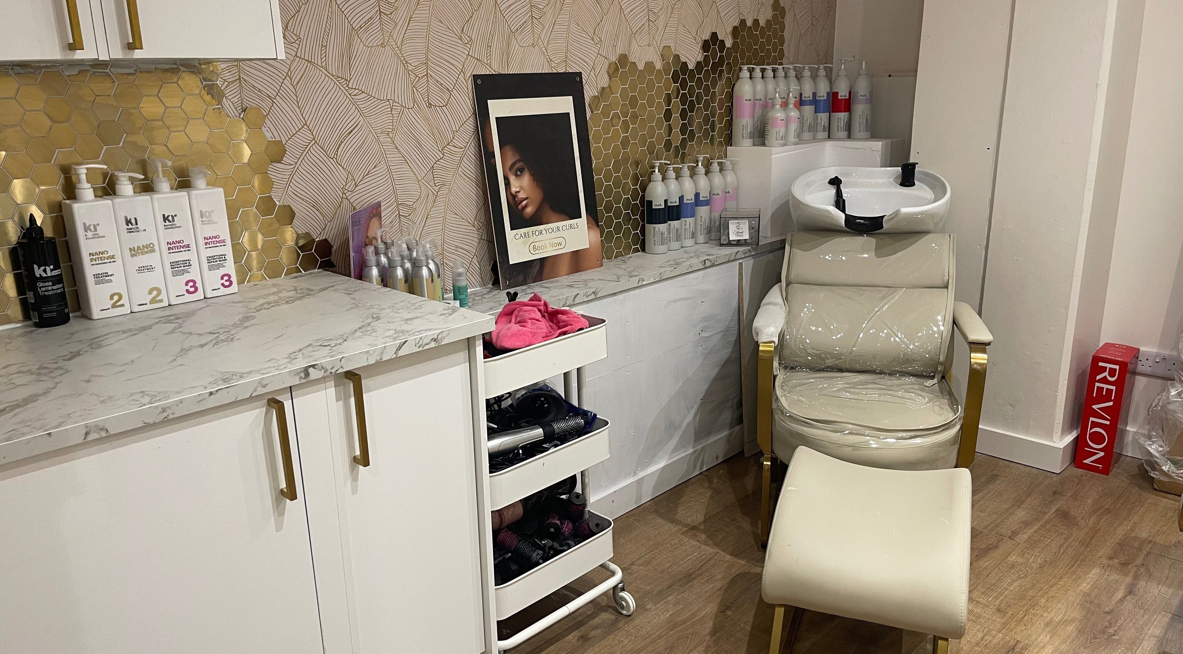Stylishly organized haircare station at Beauty With Raye in Bristol, England, GB.