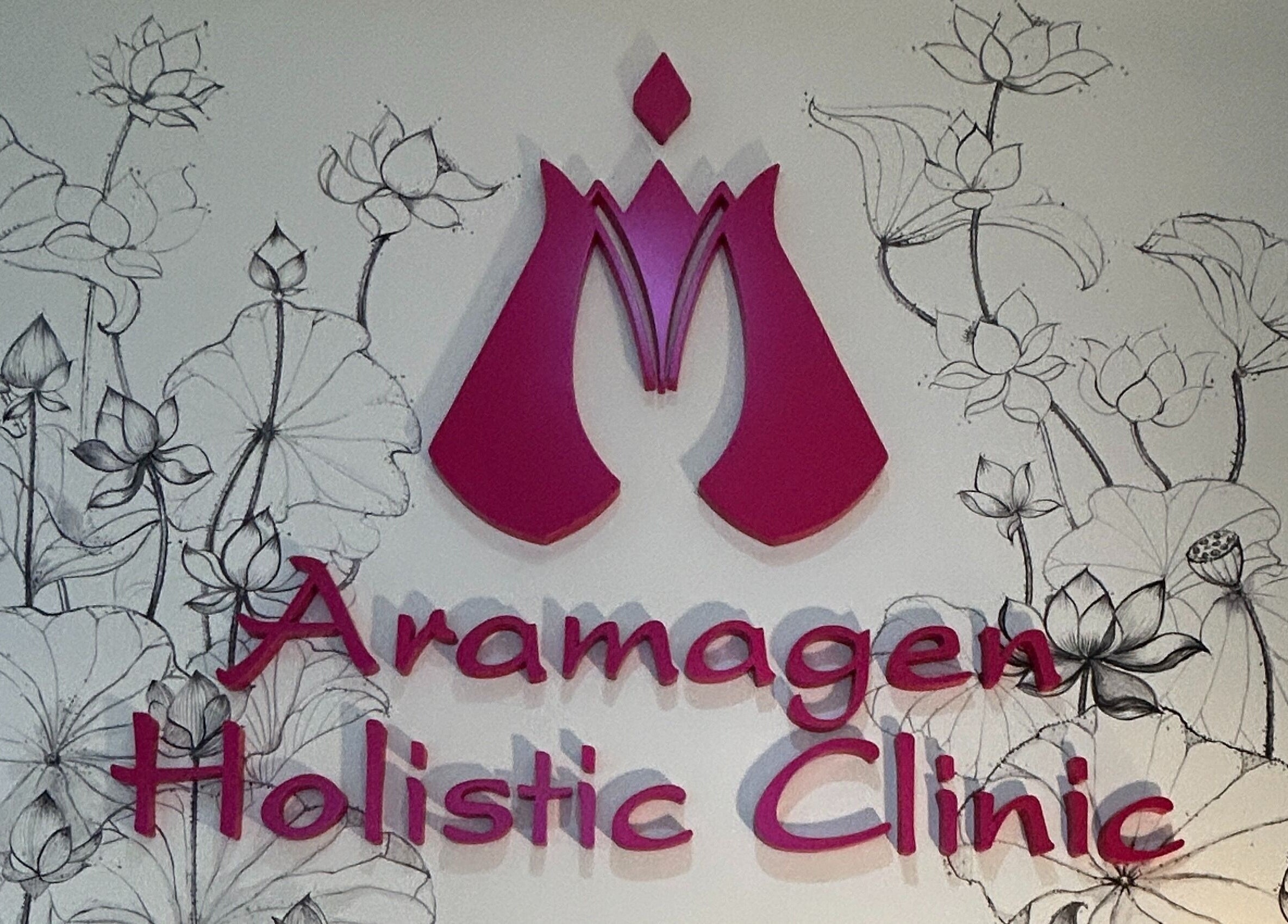 Aramagen Holistic Clinic logo with floral design, Chester, England, GB.