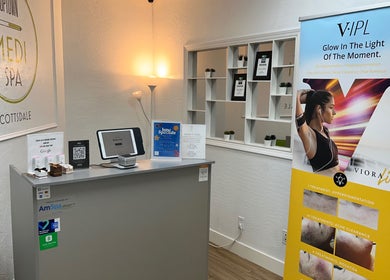 Reception at Bare Lacquer Scottsdale featuring Viora IPL banner, Scottsdale, Arizona, US.