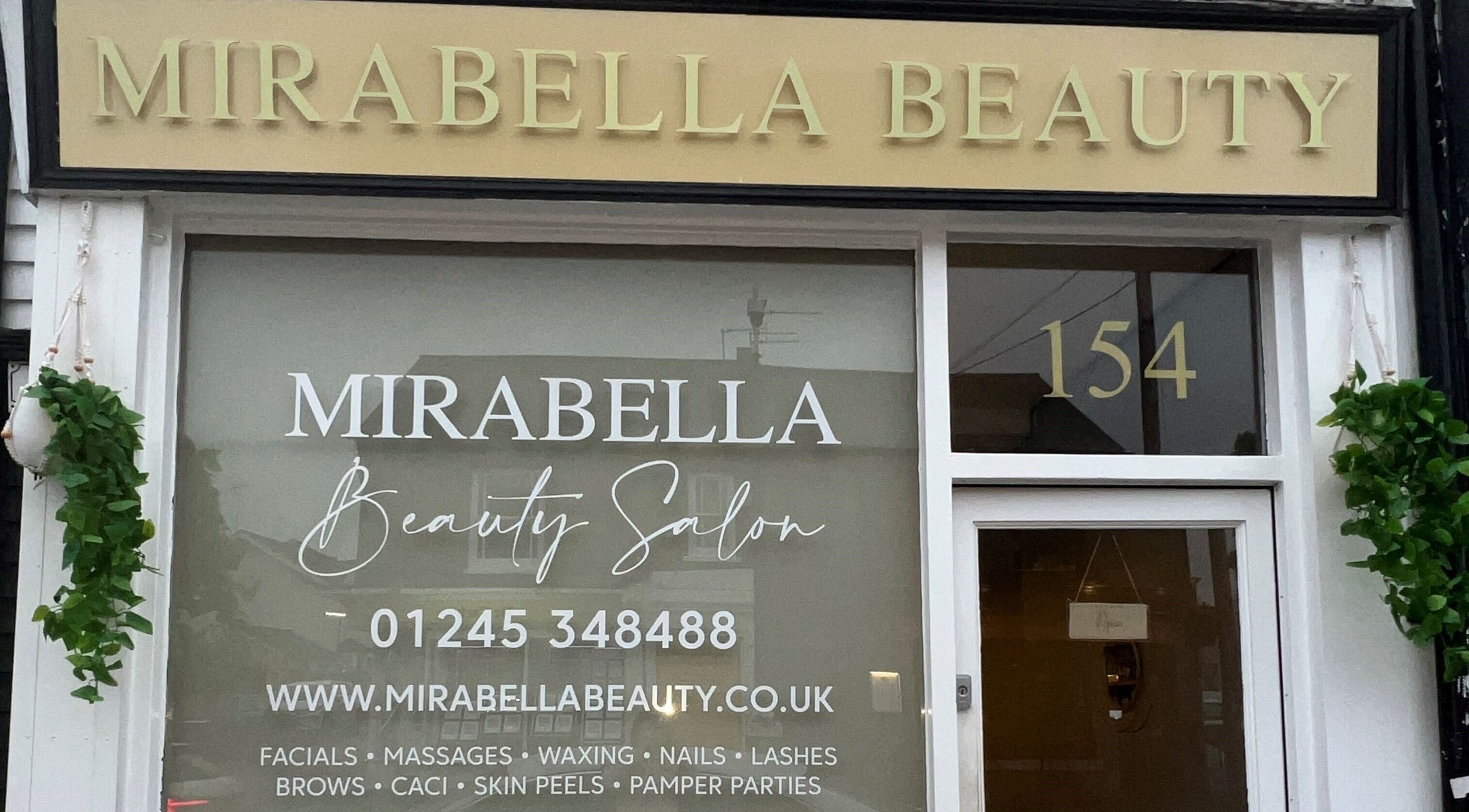 Front view of Mirabella Skin & Beauty Salon at Chelmsford, England, GB showcasing elegant signage.