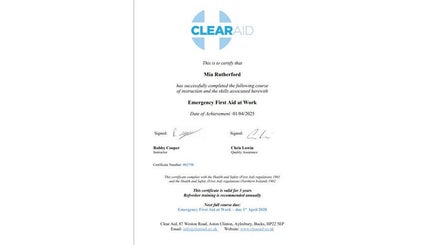 Certification in Emergency First Aid at Rutherford’s Sports Therapy, Cambridge, England, GB.