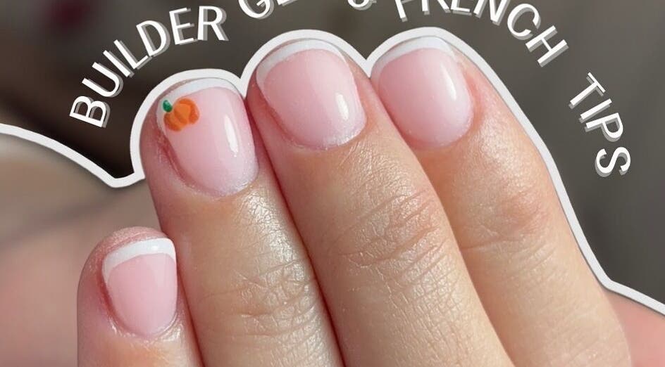 French tips with pumpkin nail art at Mollys Nail Studio, Bridgend, Wales, GB.