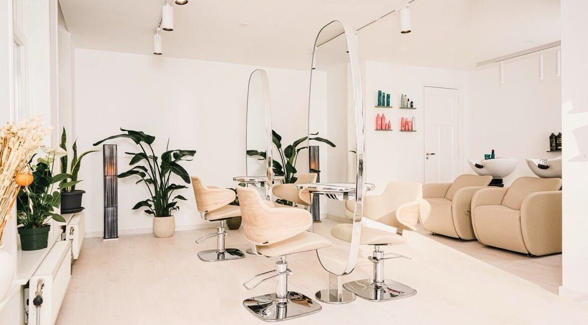 Modern salon interior at Shah Saatchi, Amsterdam, Noord-Holland, NL featuring sleek chairs and lush plants.