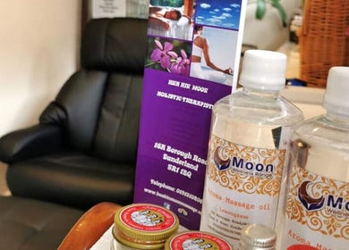 Relaxing massage oils and chair at Hua Hin Moon Thai Massage, Sunderland, England, GB.