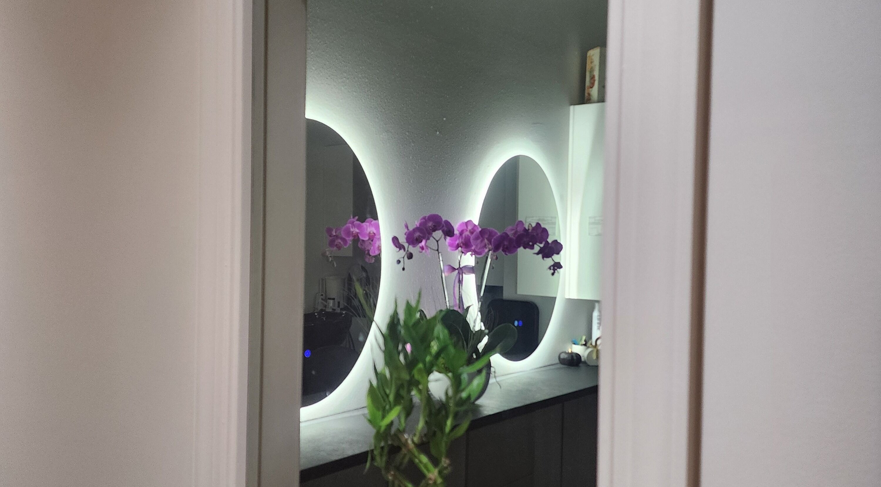 Elegant mirrors and orchids at CHELLE HAIR DESIGN in Boca Raton, Florida, US creating a serene atmosphere.