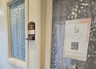 Entrance to Sugar Chic Studios, Salon Suite 105, Idaho Falls, Idaho, US with chic geometric decor.