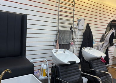 Modern hair salon wash stations at Fifi hair & beauty in Ashton-under-lyne, England, GB.
