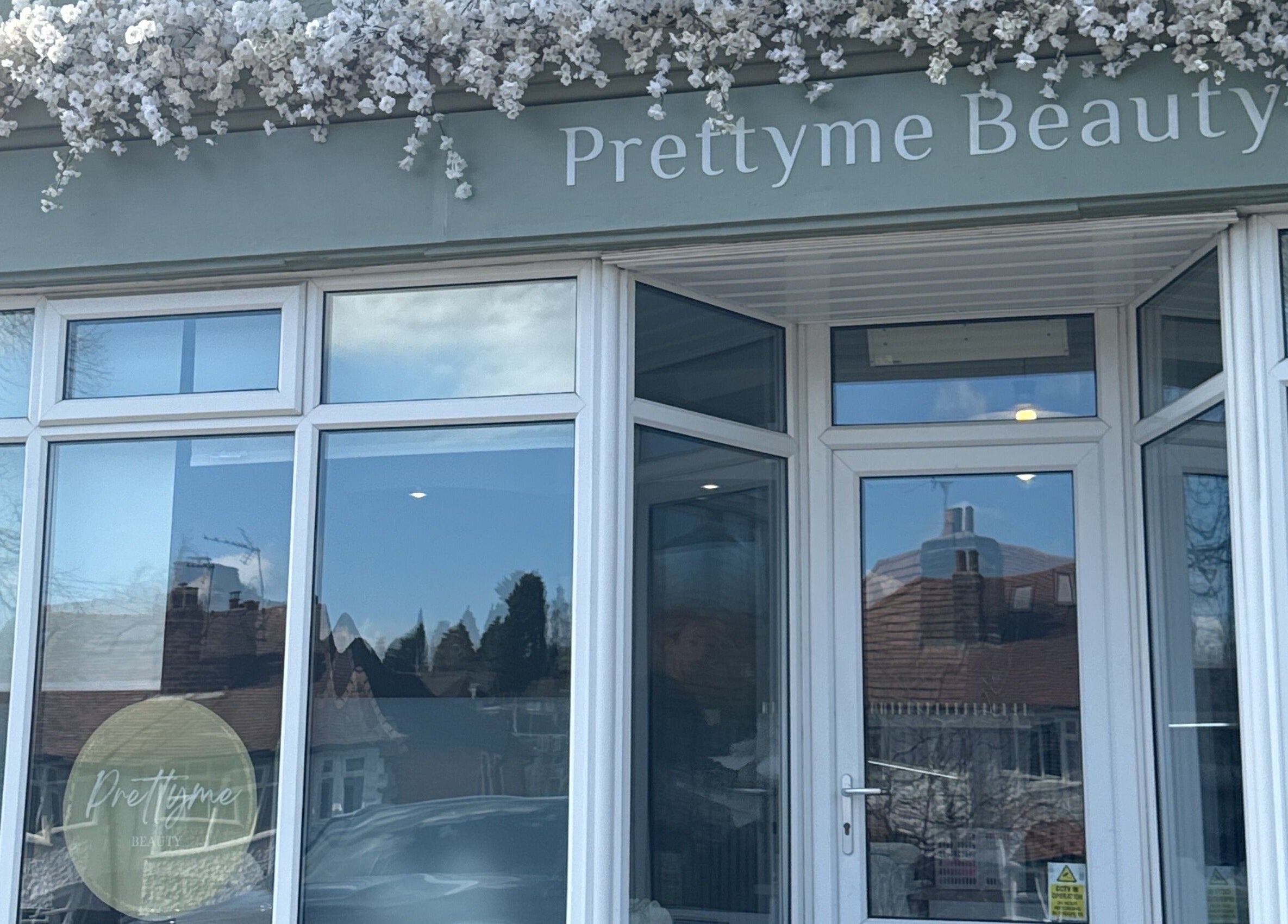 Prettyme Beauty Allestree entrance with floral decor in Derby, England, GB.