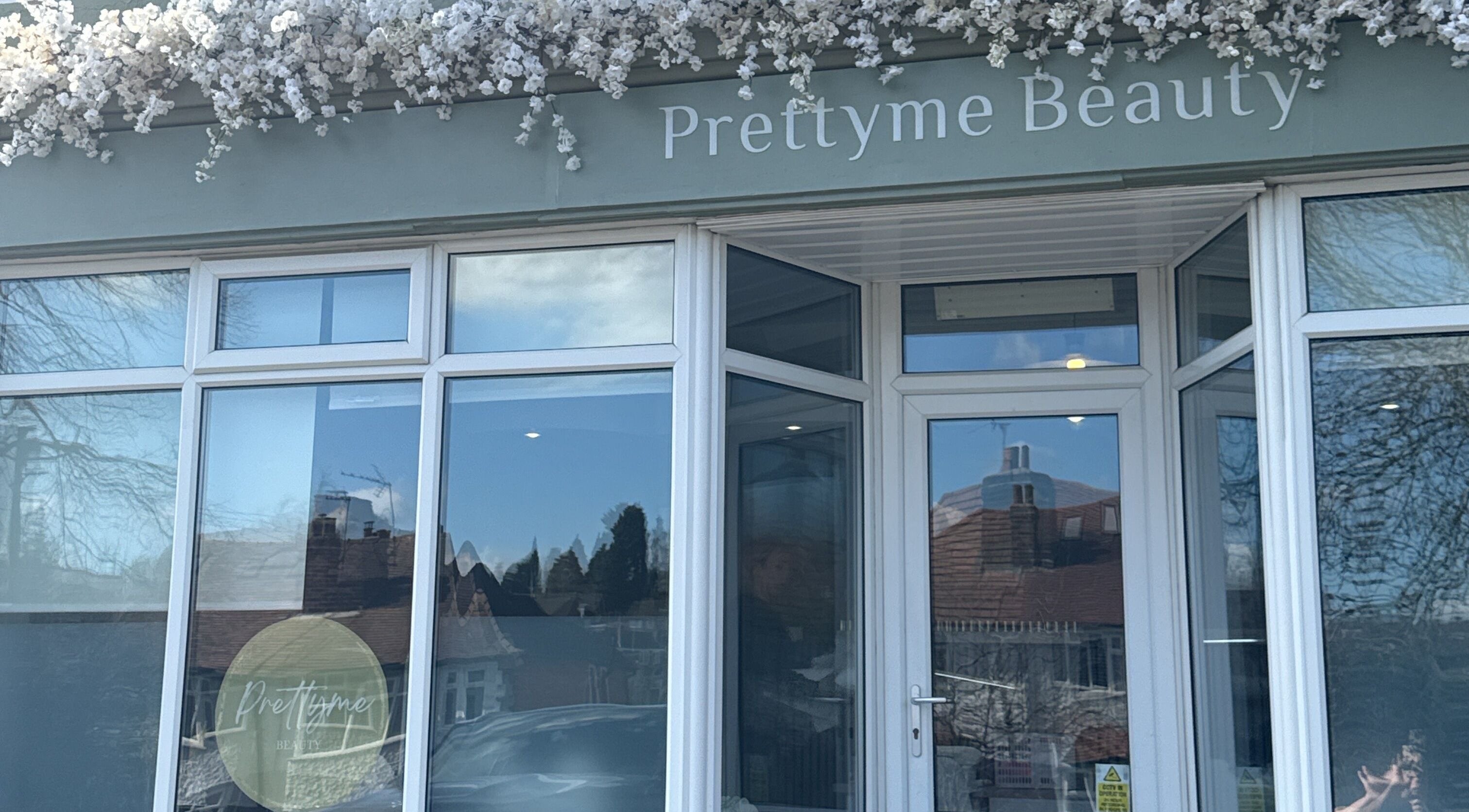 Prettyme Beauty Allestree entrance with floral decor in Derby, England, GB.