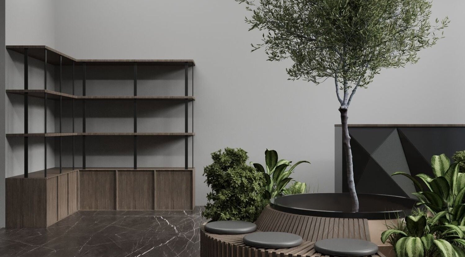Relaxing indoor garden at Prepare Yourself Salon, Riyadh, Riyadh Province, SA with sleek wooden furniture.