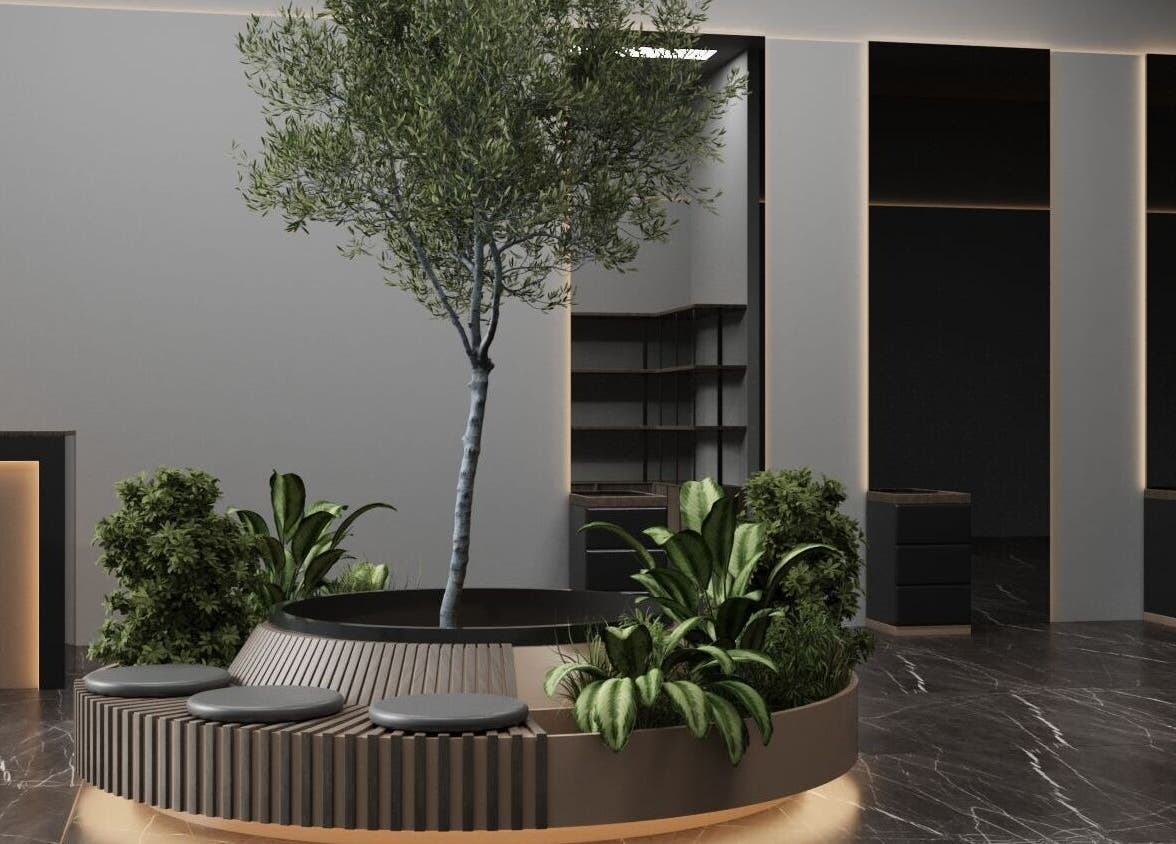 Modern waiting area with plants at Prepare Yourself Salon, Riyadh, Riyadh Province, SA.