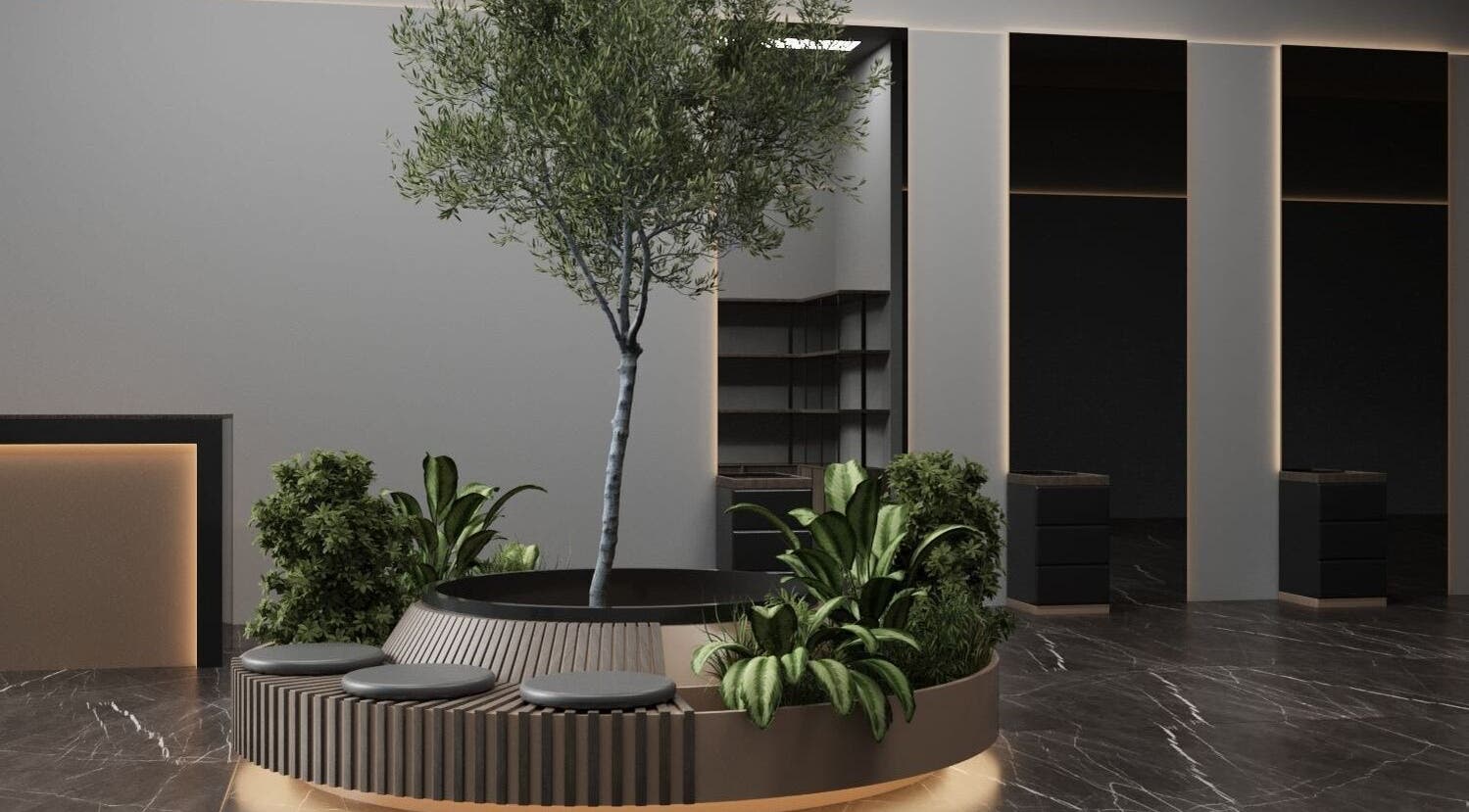 Modern waiting area with plants at Prepare Yourself Salon, Riyadh, Riyadh Province, SA.