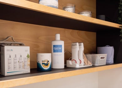 Well-stocked shelf of wellness products at Francisca Wellbeing Studio, London, England, GB.