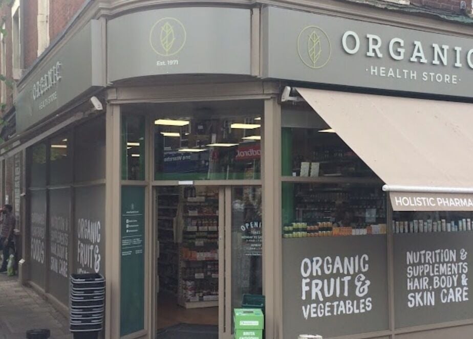 Exterior of Organic Health Store near Face and Body Therapies by Christina, London, England, GB.