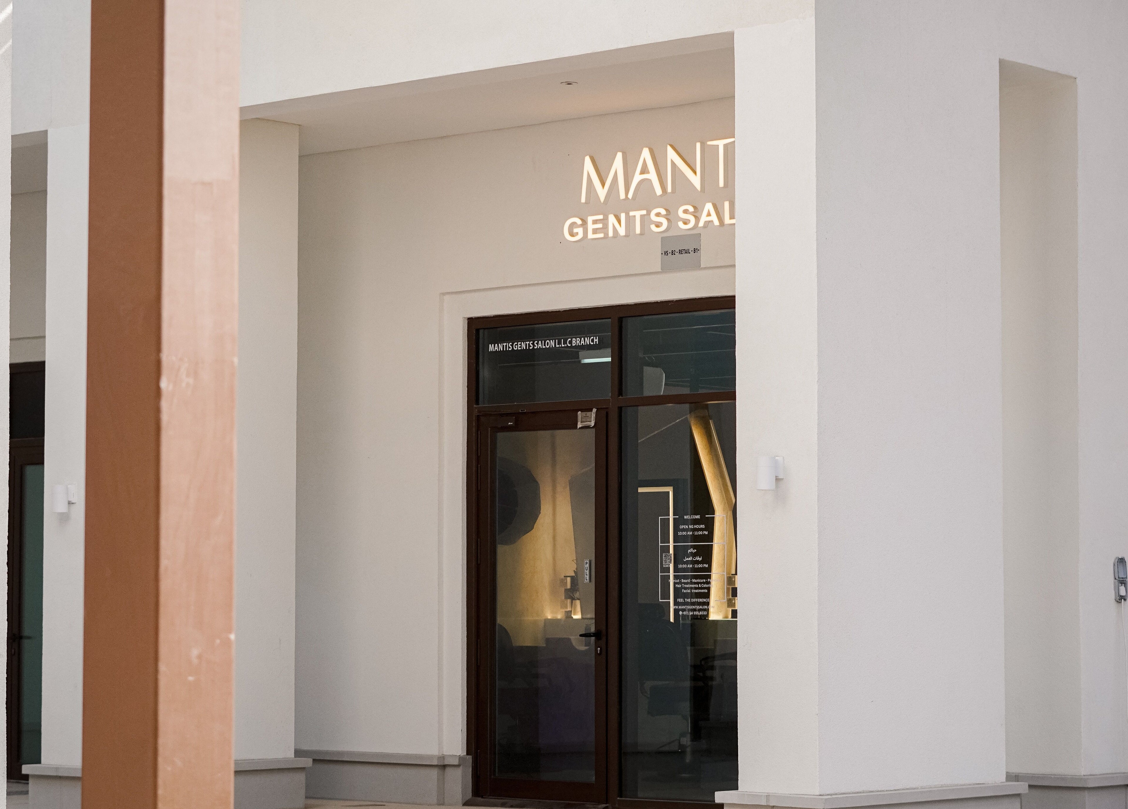 Entrance of Mantis Gent’s Salon - Yas Island, Abu Dhabi, AE showcasing sleek and modern design.